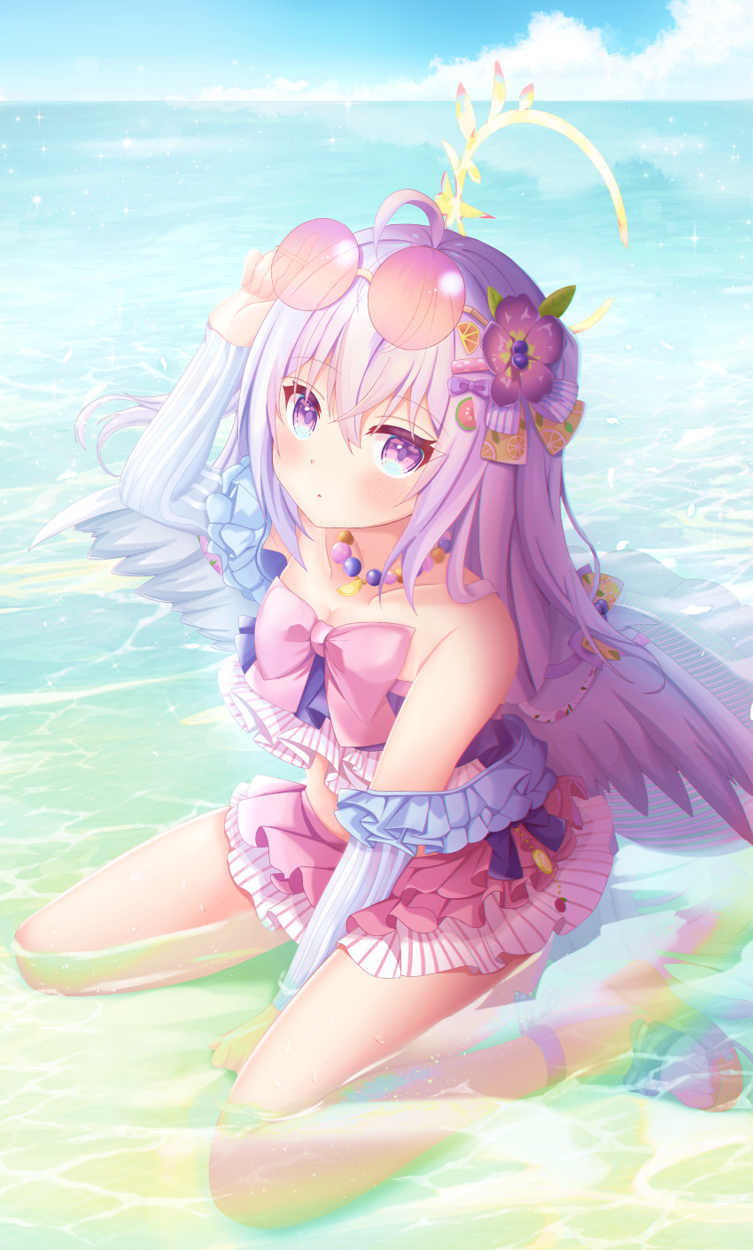 1girl absurdres ahoge angel_wings arashiomoto azusa_(blue_archive) azusa_(swimsuit)_(blue_archive) bare_shoulders bead_necklace beads between_legs bikini bikini_skirt blue_archive blush bow bow_on_wing breasts cleavage collarbone commentary crescent_halo day eyewear_on_head feathered_wings flower food-themed_hair_ornament frilled_bikini frills full_body hair_flower hair_ornament hairclip halo hand_between_legs hand_up highres index_finger_raised jewelry leaf_hair_ornament long_hair looking_at_viewer low_wings necklace ocean official_alternate_costume official_alternate_hairstyle orange_hair_ornament outdoors parted_lips pink-tinted_eyewear pink_bikini pink_bow purple_eyes purple_flower round_eyewear sandals sitting small_breasts solo sparkle strapless strapless_bikini sunglasses swimsuit thighs tinted_eyewear two_side_up wading wariza water watermelon_hair_ornament wet white_wings winged_halo wings yellow_halo