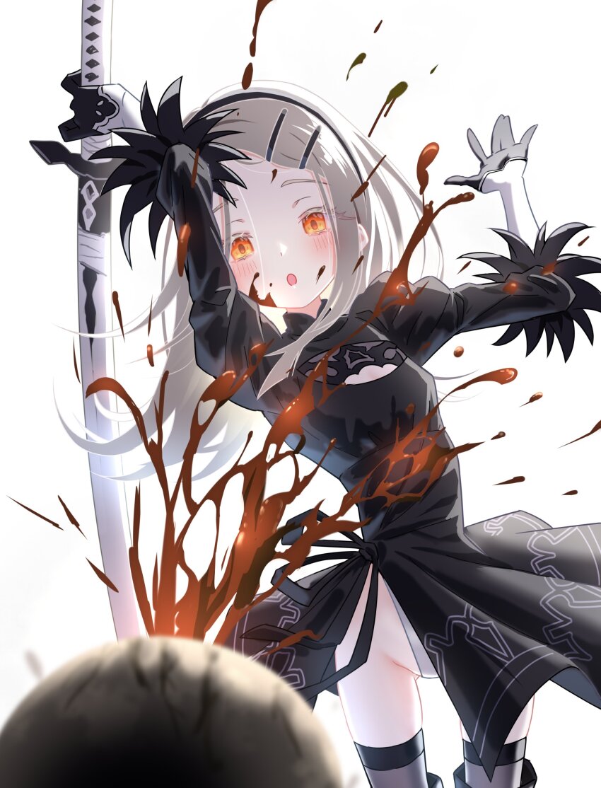 1girl 2b_(nier:automata) 2b_(nier:automata)_(cosplay) absurdres black_dress blood blush breasts colored_eyelashes cosplay dress gakuen_idolmaster groin hair_ornament hairclip highres holding holding_sword holding_weapon idolmaster katana nier:automata nier_(series) open_mouth orange_eyes shinosawa_hiro simple_background small_breasts solo sword thighhighs weapon white_background yorshka517