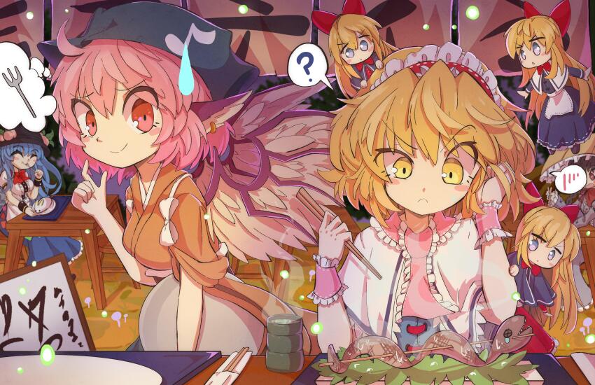 4girls :&lt; ? absurdres ahoge alice_margatroid animal_ears apron bird_ears bird_wings blonde_hair blue_dress bow brown_kimono capelet chopsticks commentary commission cup doll dress english_commentary fish_(food) food_stand frilled_hairband frilled_wrist_cuffs frills grilled_eel hair_bow hairband headscarf highres hinanawi_tenshi holding holding_tray izakaya japanese_clothes kimono long_hair medium_hair multiple_girls mystia_lorelei nervous_smile okamisty pink_wrist_cuffs raised_eyebrow red_hairband revision short_hair smile spoken_question_mark sweatdrop the_land_druid touhou tray variant_set waist_apron white_capelet wings wrist_cuffs yatadera_narumi yunomi