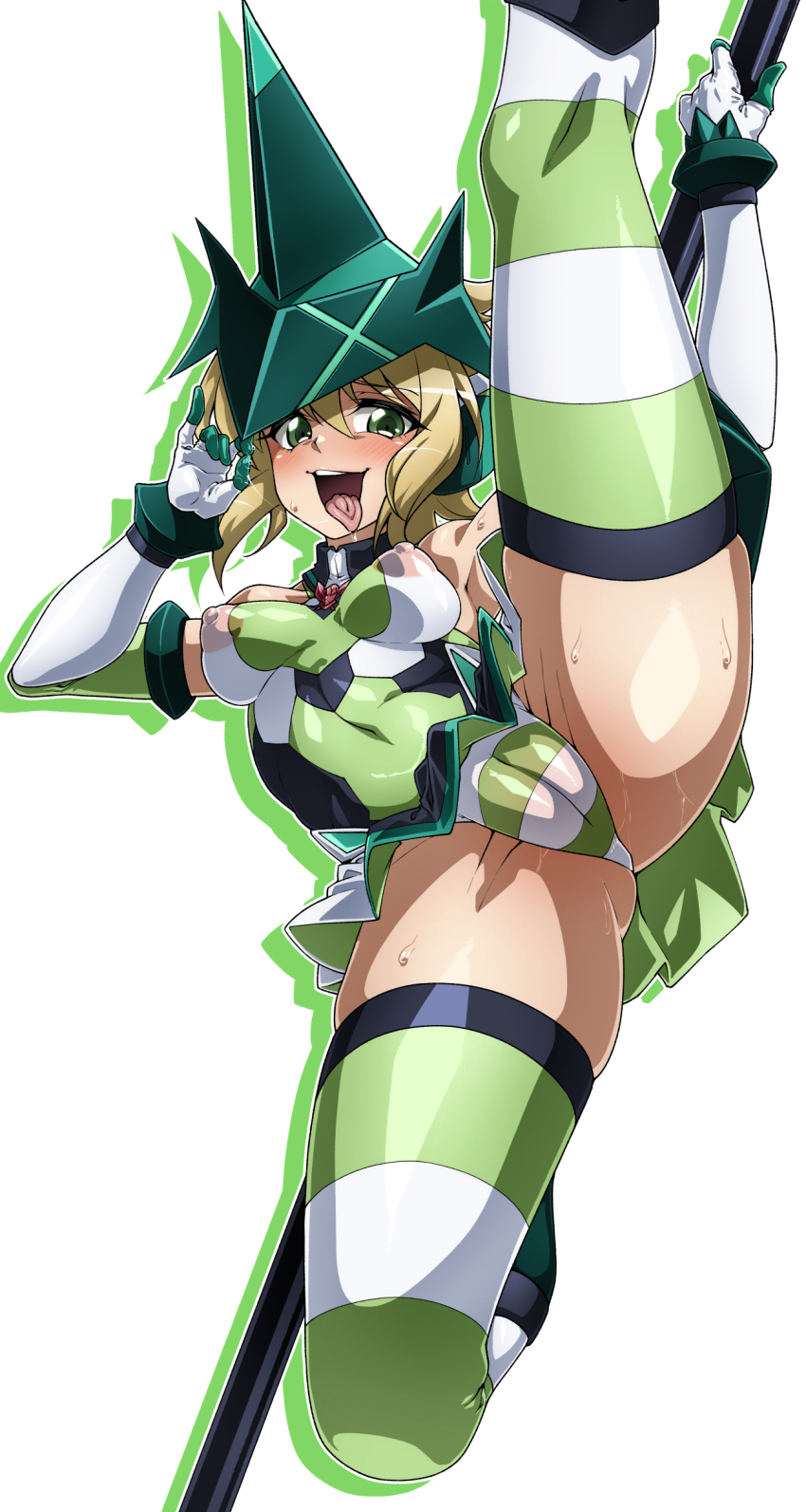 1girl absurdres adama0s0284 akatsuki_kirika blonde_hair blush breasts cameltoe covered_erect_nipples covered_navel flexible gloves green_eyes green_leotard green_thighhighs headgear highres impossible_clothes impossible_leotard leotard looking_at_viewer medium_breasts open_mouth pole_dancing saliva saliva_trail scythe senki_zesshou_symphogear shiny_clothes shiny_skin short_hair simple_background skindentation smile solo spread_legs striped_clothes striped_thighhighs sweat thighhighs tongue tongue_out undersuit