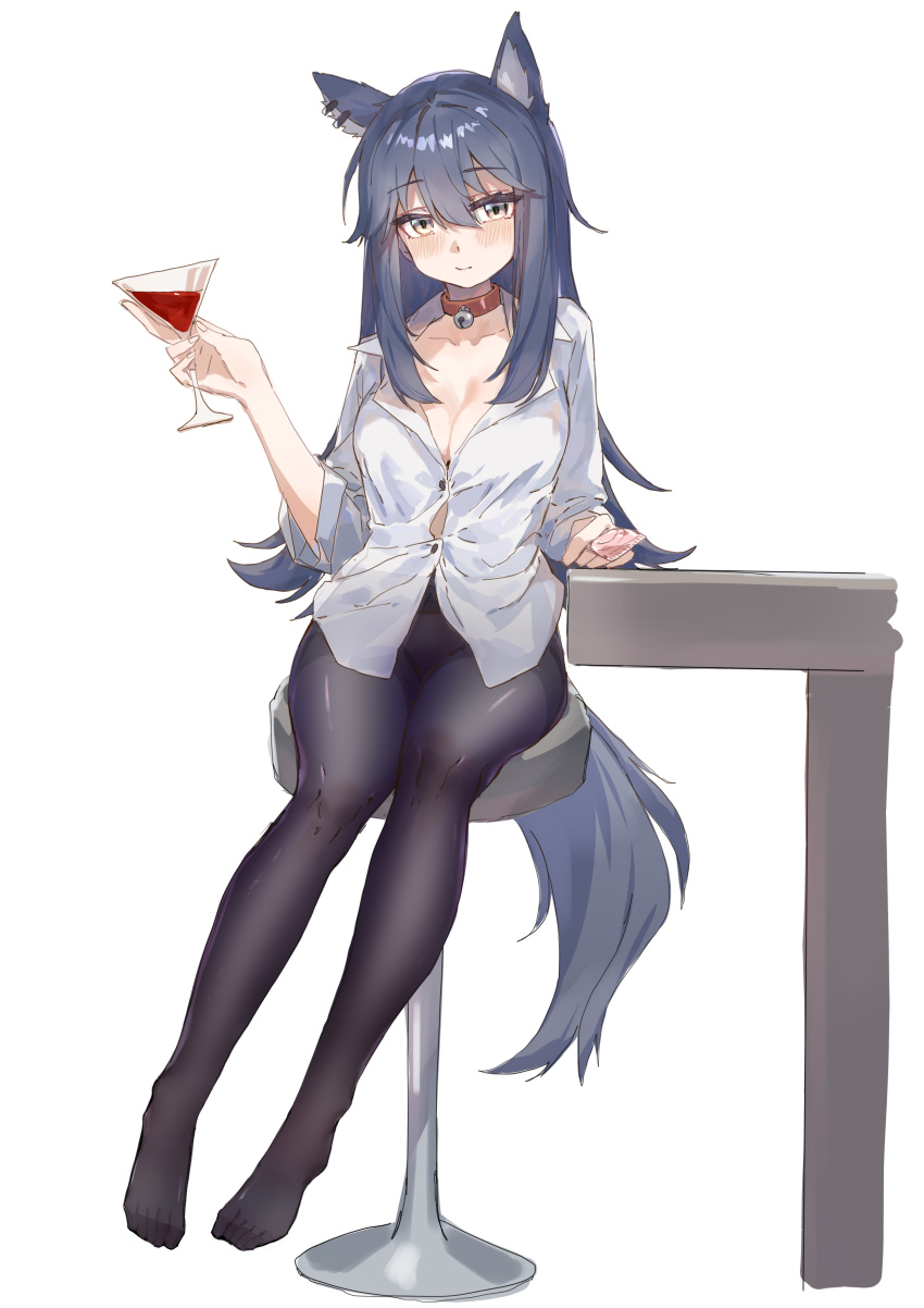 1girl absurdres alcohol animal_ears arknights bar_stool bell black_pantyhose blush breasts brown_collar chinese_commentary cleavage closed_mouth collar collarbone commentary_request drink feet full_body grey_hair grey_tail highres holding holding_drink jingle_bell large_breasts light_smile long_hair looking_at_viewer neck_bell no_shoes on_stool pantyhose sao7 shirt sitting solo stool tail texas_(arknights) toes white_shirt wine wolf_ears wolf_girl wolf_tail