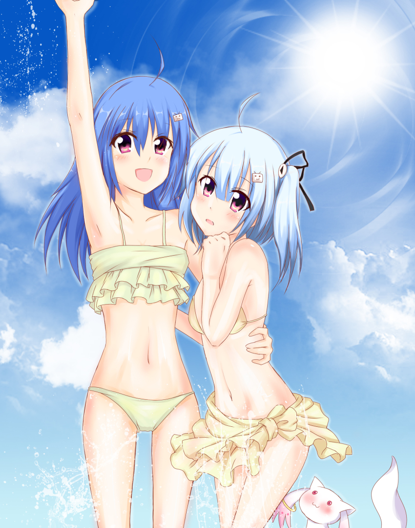 10s 2girls ahoge aqua_hair arm_up bikini bili_girl_22 bili_girl_33 bilibili blue_hair blush bow cloud day hair_bow hair_ornament hair_ribbon highres hug kyubey lingbaie long_hair mahou_shoujo_madoka_magica mahou_shoujo_madoka_magica_(anime) multiple_girls open_mouth red_eyes ribbon siblings side_ponytail sisters sky sun swimsuit water