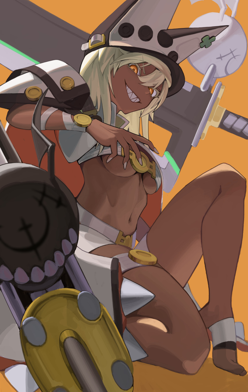 1girl absurdres barefoot blonde_hair breasts dark-skinned_female dark_skin ddul_(hauluimubingoj1) grin guilty_gear highres looking_at_viewer medium_breasts medium_hair navel orange_background ramlethal_valentine red_eyes sharp_teeth short_shorts shorts simple_background smile solo teeth underbust white_nails white_shorts