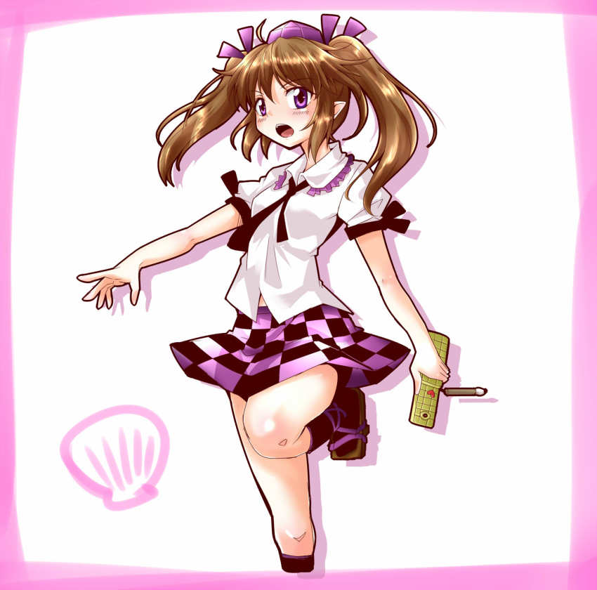 1girl brown_hair cellphone checkered_clothes checkered_skirt female_focus geta hat highres himekaidou_hatate long_hair looking_at_viewer naegi_(naegidokoro) nibiqn phone pointy_ears skirt solo standing standing_on_one_leg tokin_hat touhou twintails