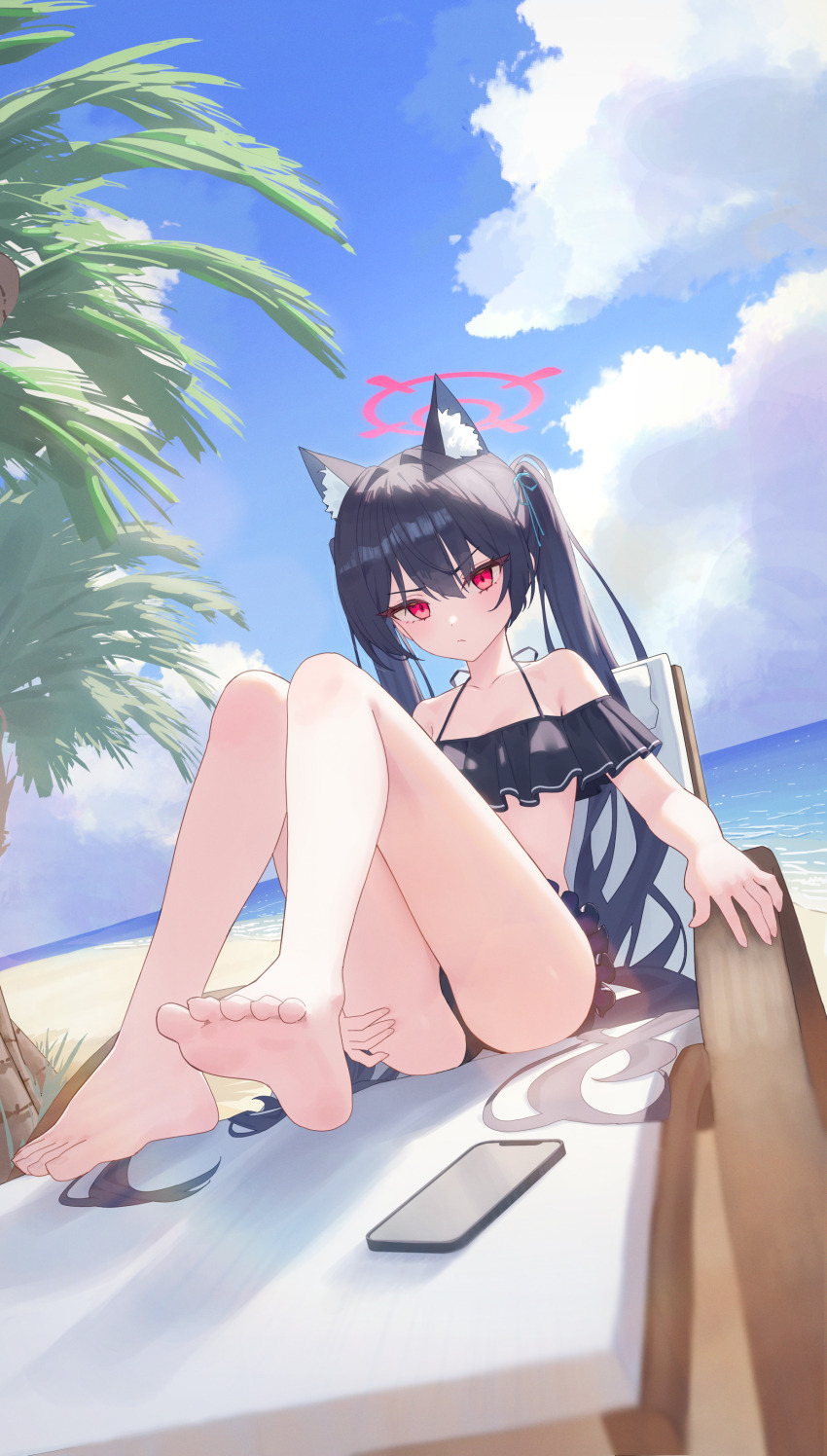 1girl absurdres animal_ear_fluff animal_ears ass bare_shoulders barefoot beach beach_chair bikini black_bikini black_hair blue_archive blue_sky cat_ears cat_girl cloud cloudy_sky commentary_request day feet frilled_bikini frills halo highres knees_up legs long_hair looking_at_viewer ocean off-shoulder_bikini off_shoulder official_alternate_costume outdoors phone red_eyes red_halo serika_(blue_archive) serika_(swimsuit)_(blue_archive) sitting sky solo suumon swimsuit toes twintails v-shaped_eyebrows