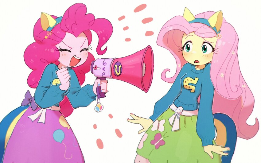 2girls :d ^_^ animal_ear_hairband animal_ears arms_at_sides blue_hairband blue_sweater blue_tail blush breasts canterlot_wondercolts clenched_hand closed_eyes colored_skin cowboy_shot cutie_mark eyeshadow facing_another fake_animal_ears fake_tail fluttershy fluttershy_(equestria_girls) green_eyes green_skirt hairband hand_up highres holding holding_megaphone horse_ears long_hair long_sleeves looking_at_another makeup megaphone multiple_girls my_little_pony my_little_pony:_equestria_girls my_little_pony:_friendship_is_magic nail_polish nendo23 open_mouth pink_eyeshadow pink_hair pink_nails pink_skin pink_skirt pinkie_pie pinkie_pie_(equestria_girls) puffy_long_sleeves puffy_sleeves simple_background skirt smile sweater tail teeth tongue upper_teeth_only v-shaped_eyebrows white_background