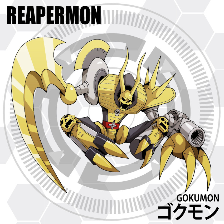 circle d_sandy digimon digimon_(creature) gokumon horns scythe sharp_teeth skull solo teeth