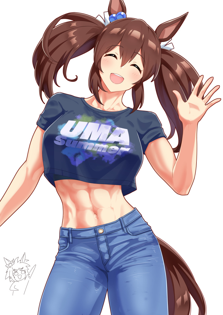 2girls abs absurdres animal_ears biko_pegasus_(umamusume) black_shirt blush breasts brown_hair commentary_request cowboy_shot cropped_shirt denim ear_ornament facing_viewer hair_ornament hairclip highres hishi_akebono_(umamusume) horse_ears horse_girl horse_tail jeans long_hair multiple_girls muscular muscular_female navel pants partial_commentary senchan_7 shirt short_sleeves simple_background smile solo_focus tail uma_summer_(umamusume) umamusume white_background