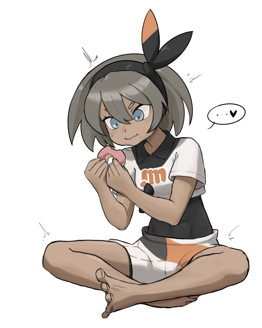 ... 1girl absurdres barefoot bea_(pokemon) black_bodysuit black_hairband blue_eyes bodysuit bodysuit_under_clothes bow_hairband closed_mouth collared_shirt commentary_request creatures_(company) doughnut eating feet food full_body game_freak gogosan hair_between_eyes hairband hands_up highres holding holding_food looking_down nintendo pokemon pokemon_swsh print_shirt shirt shorts simple_background sitting solo spoken_ellipsis spread_toes sweatdrop tied_shirt toes white_background