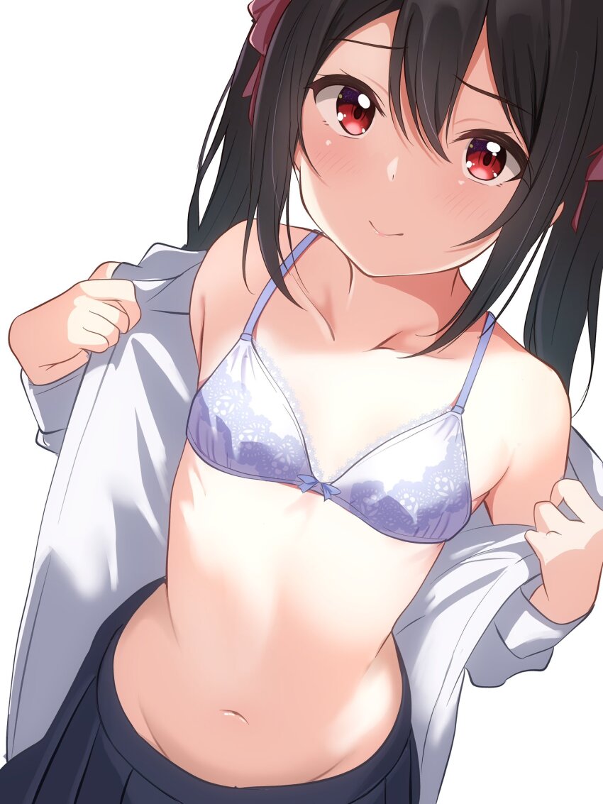 1girl black_hair black_skirt borgbutler bra closed_mouth collarbone dress_shirt flat_chest hair_between_eyes highres long_hair looking_at_viewer love_live! love_live!_school_idol_project navel open_clothes open_shirt pleated_skirt red_eyes shirt simple_background skirt smile solo stomach twintails underwear undressing upper_body white_background white_bra white_shirt yazawa_nico