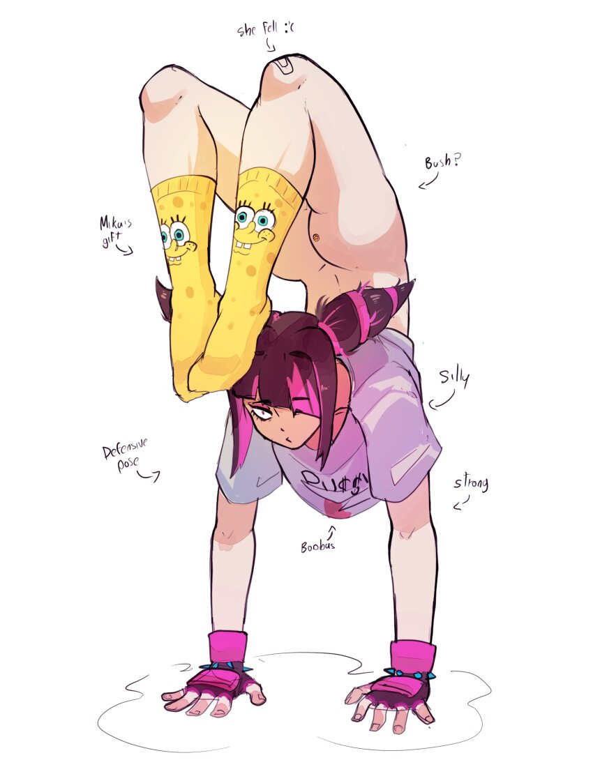 1girl absurdres arrow_(symbol) ass bandaid bandaid_on_knee bandaid_on_leg bare_arms bottomless cupperexe diagonal_bangs english_text fingerless_gloves flexible full_body gloves hair_horns han_juri handstand highres multicolored_hair pink_hair print_socks puckered_lips shirt short_sleeves socks solo spongebob_squarepants_(series) sticker sticker_on_ass street_fighter two-tone_hair