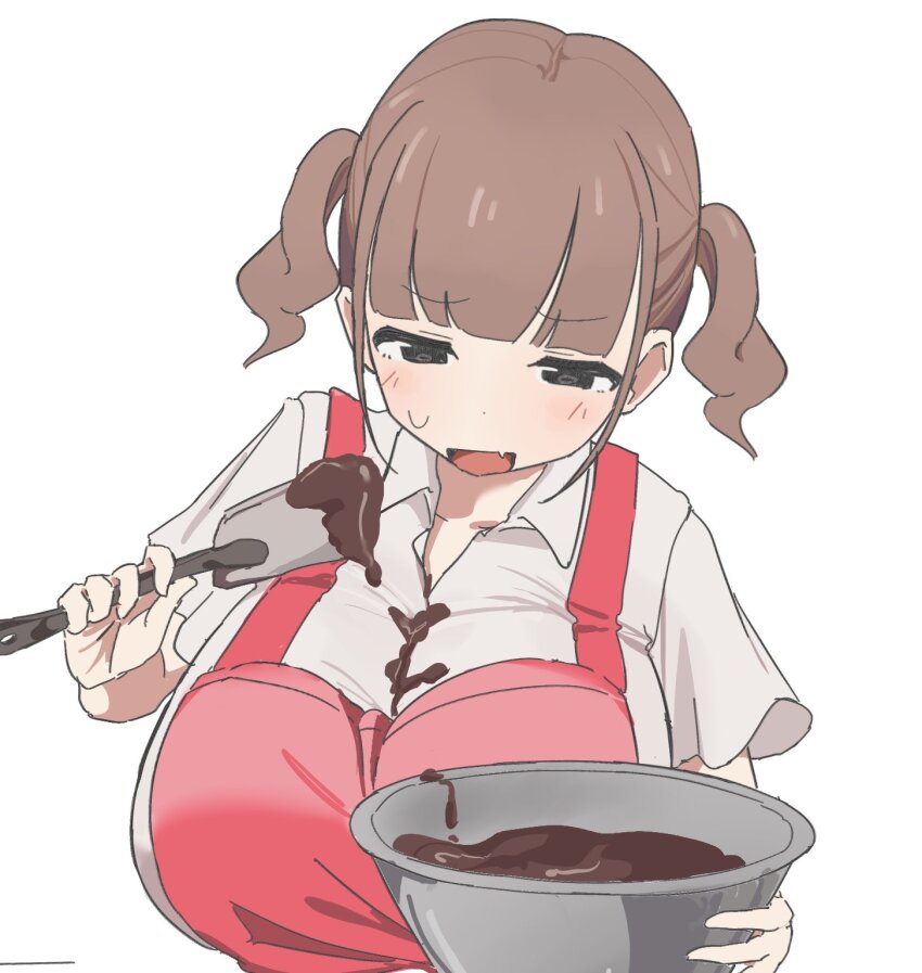 1girl apron bad_id bad_twitter_id baking black_eyes blunt_bangs bowl breasts brown_hair chocolate chocolate_making chocolate_on_body chocolate_on_breasts chocolate_on_clothes collared_shirt commentary_request cooking fang food_on_body furrowed_brow futaba-chan_(osakana) highres holding holding_bowl holding_spatula large_breasts mixing_bowl open_mouth original osakana_(kitasisn) red_apron shirt short_hair short_sleeves short_twintails sidelocks simple_background skin_fang solo spatula sweatdrop twintails upper_body valentine white_background white_shirt