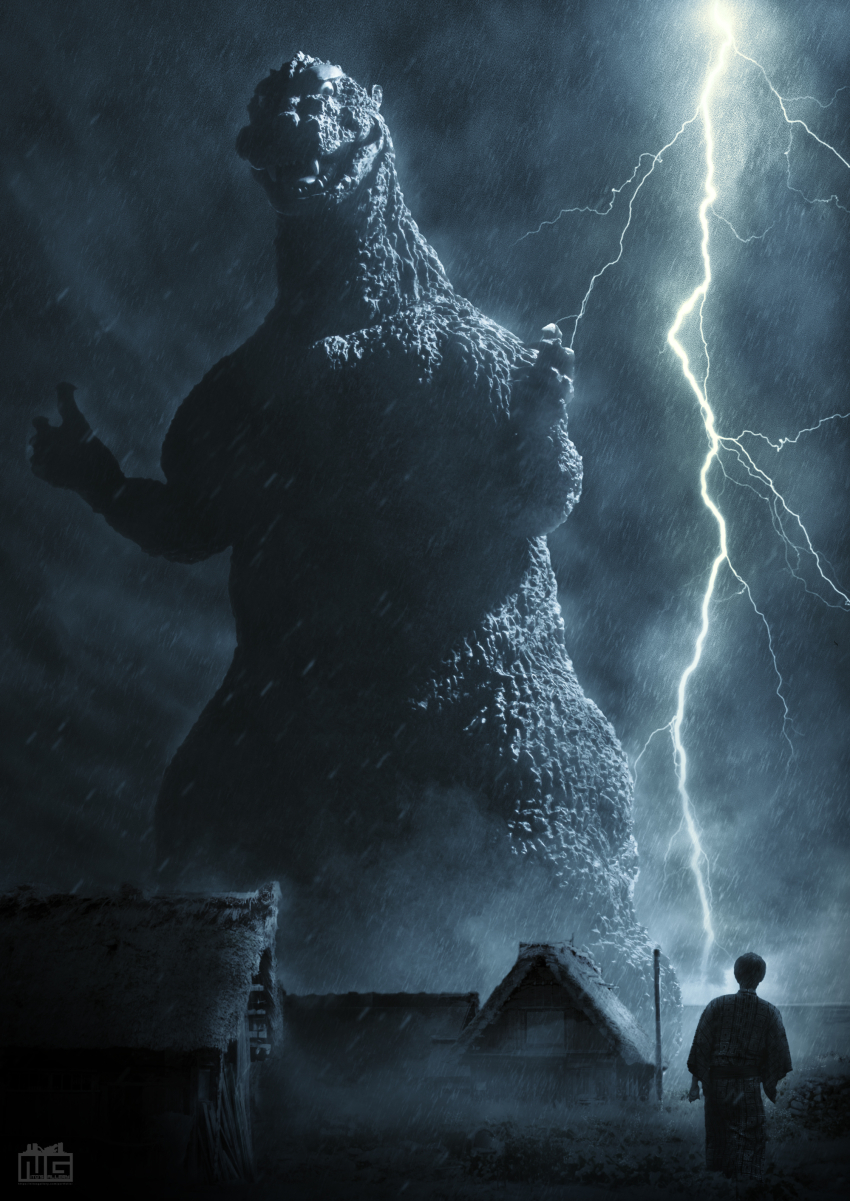 absurdres building dinosaur electricity godzilla godzilla_(1954) godzilla_(series) highres house japanese_clothes kaiju kimono lightning monochrome night nobuhiko_ito rain storm toho village