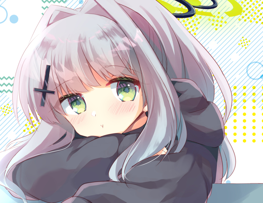 1girl :t black_hoodie blue_archive blush closed_mouth commentary_request green_eyes grey_hair hair_intakes halo hare_(blue_archive) hare_(camp)_(blue_archive) hood hood_down hoodie kuriyuzu_kuryuu long_hair long_sleeves looking_at_viewer ponytail pout puffy_long_sleeves puffy_sleeves sleeves_past_wrists solo upper_body white_background