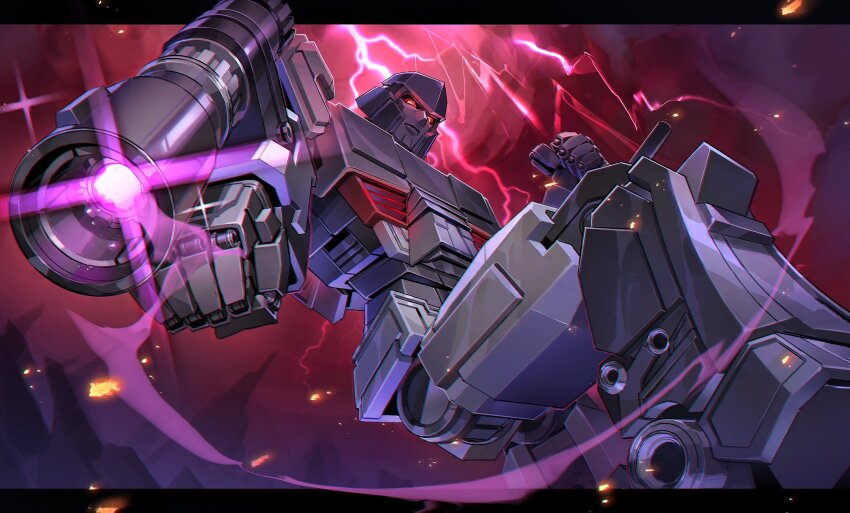 arm_cannon cannon energy_cannon glowing glowing_eyes helmet highres humanoid_robot mecha megatron megatron_(transformers_one) red_eyes robot science_fiction suodita transformers transformers_one weapon