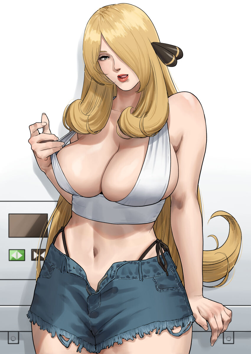 1girl absurdres blonde_hair breasts cleavage collarbone cowboy_shot creatures_(company) crop_top cutoffs cynthia_(pokemon) denim denim_shorts game_freak hair_ornament hair_over_one_eye highres large_breasts long_hair looking_at_viewer midriff navel nintendo open_fly panties pokemon pokemon_dppt pulling_own_clothes red_lips short_shorts shorts side-tie_panties skindentation solo stomach strap_pull thong tongue underwear very_long_hair wasabishouyu whale_tail_(clothing)