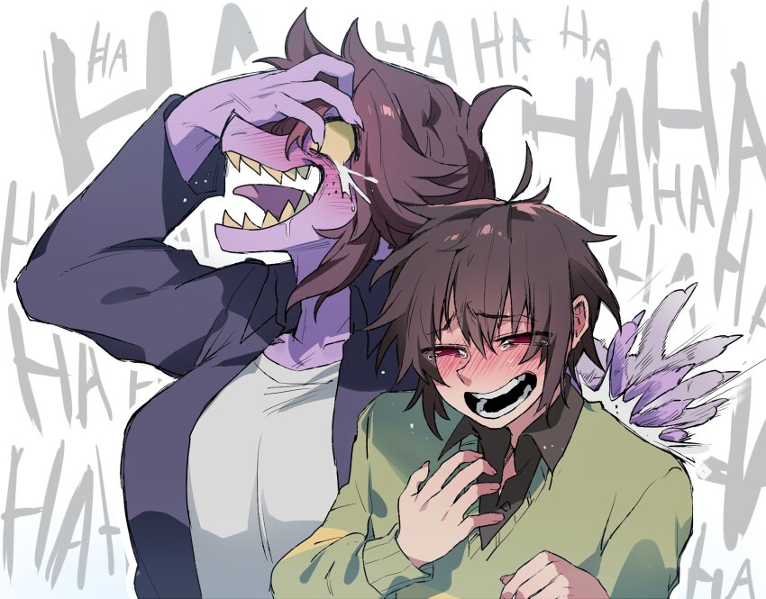 1girl 1other antenna_hair arm_up black_mouth black_shirt blank_eyes blush breasts brown_hair collarbone collared_jacket collared_shirt colored_sclera colored_skin colored_tongue commentary_request deltarune english_text fingernails freckles furry furry_female green_sweater hand_on_own_chest hand_on_own_head hands_up highres jacket komugiko_(bitte_komu) kris_(deltarune) large_breasts laughing long_hair long_sleeves no_pupils open_clothes open_jacket profile purple_jacket purple_skin purple_tongue red_eyes reptile_girl sharp_teeth shirt short_hair simple_background striped_clothes striped_sweater susie_(deltarune) sweater tearing_up teeth tongue two-tone_sweater upper_body white_background white_shirt yellow_sclera yellow_sweater yellow_teeth