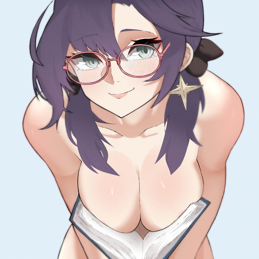 1girl absurdres asymmetrical_bangs bare_shoulders book bow breasts cleavage collarbone covering_privates covering_breasts earrings genshin_impact glasses green_eyes hair_bow highres ieugama jewelry large_breasts leaning_forward looking_at_viewer mona_(genshin_impact) nude purple_hair red-tinted_eyewear smile solo star_(symbol) star_earrings tinted_eyewear upper_body