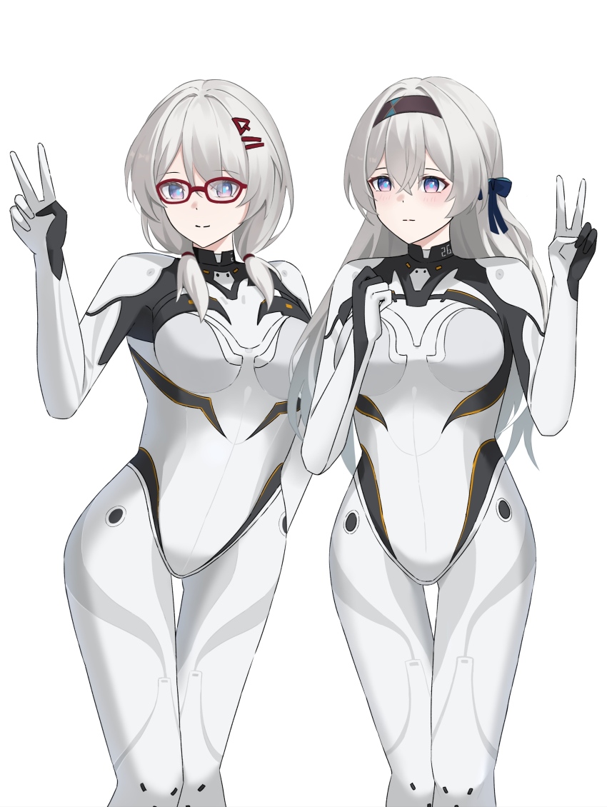 2girls absurdres ar-214_(honkai:_star_rail) black_hairband blush bodysuit firefly_(ar-26710)_(honkai:_star_rail) firefly_(honkai:_star_rail) glasses grey_hair hair_between_eyes hair_ornament hairband highres honkai:_star_rail honkai_(series) long_hair looking_at_viewer multiple_girls nicel official_alternate_costume pilot_suit smile two-tone_eyes v white_background white_bodysuit