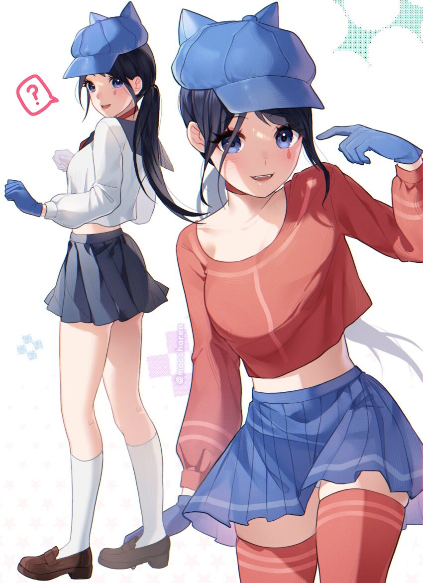 1girl ? artist_name black_hair black_sailor_collar blue_eyes blue_gloves blue_hat blue_skirt breasts brown_footwear cabbie_hat choker commentary cool_mita_(miside) cropped_shirt from_behind full_body gloves hand_up hat highres kneehighs loafers long_hair long_sleeves looking_at_viewer looking_back low_ponytail medium_breasts midriff miniskirt miside mita_(miside) mokaren multiple_views open_mouth panties pantyshot pleated_skirt red_choker red_shirt red_thighhighs sailor_collar shirt shoes simple_background skirt smile socks spoken_question_mark standing tattoo teardrop_facial_mark teardrop_tattoo thighhighs thighs underwear white_background white_panties white_shirt white_socks zettai_ryouiki