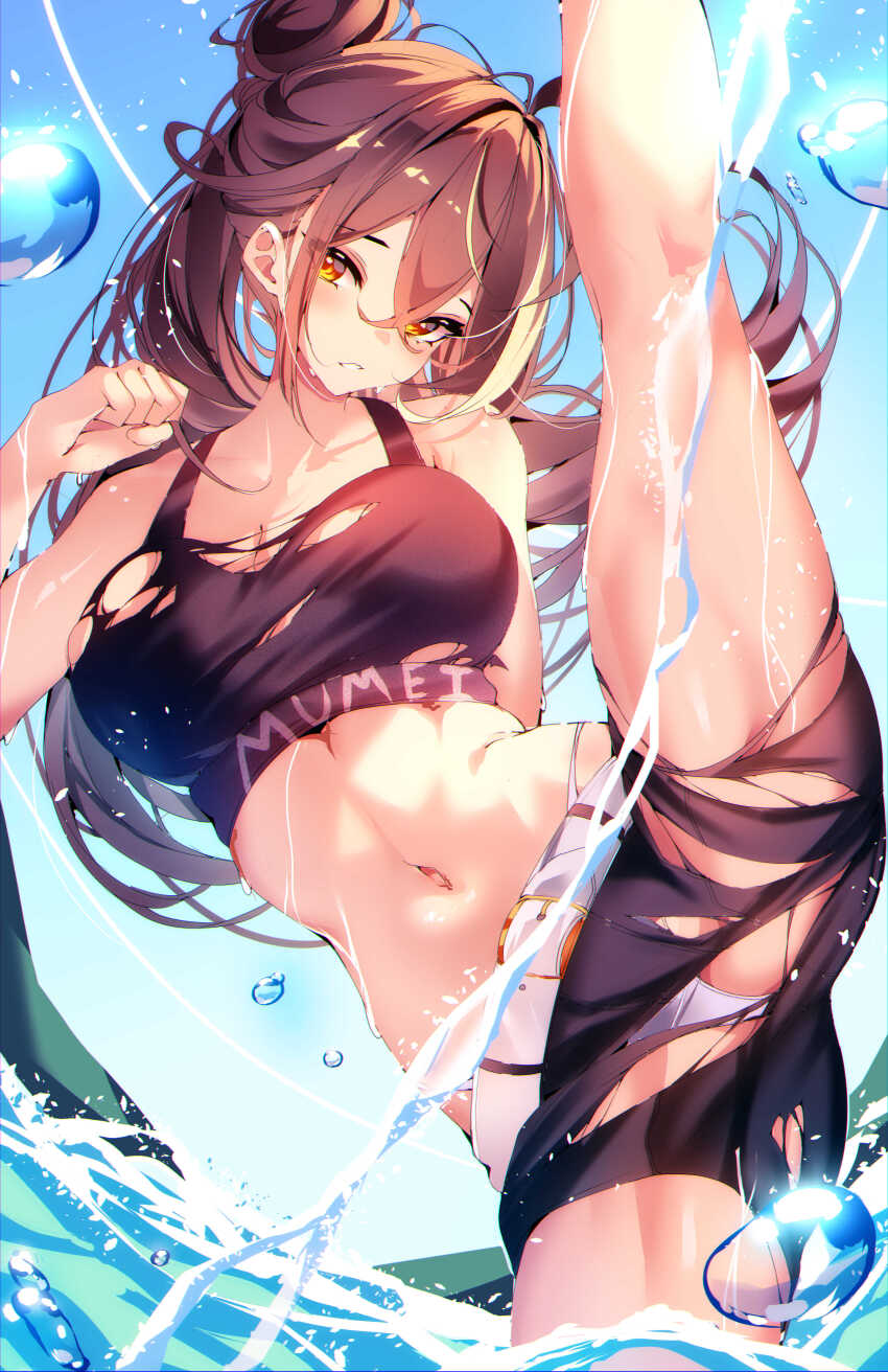 1girl absurdres ahoge belt black_shorts breasts brown_eyes brown_hair cleavage hair_between_eyes highres hololive hololive_english long_hair looking_at_viewer medium_breasts multicolored_hair nanashi_mumei navel panties shorts solo split sports_bra standing standing_on_one_leg standing_split streaked_hair the0neulost torn_clothes underwear upshorts virtual_youtuber water white_belt white_panties