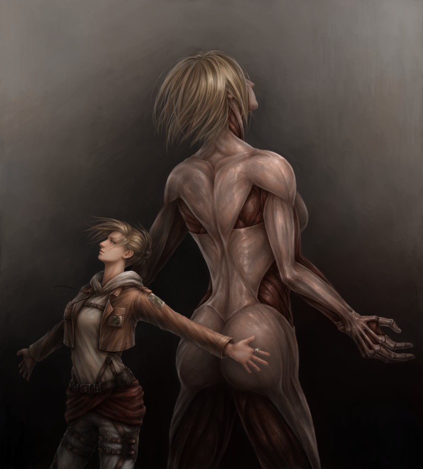 1girl annie_leonhart back-to-back blonde_hair blue_eyes breasts dual_persona exposed_muscle female_titan gradient_background highres jacket jason_peng jewelry outstretched_arms realistic ring shingeki_no_kyojin size_difference spoilers titan_(shingeki_no_kyojin)