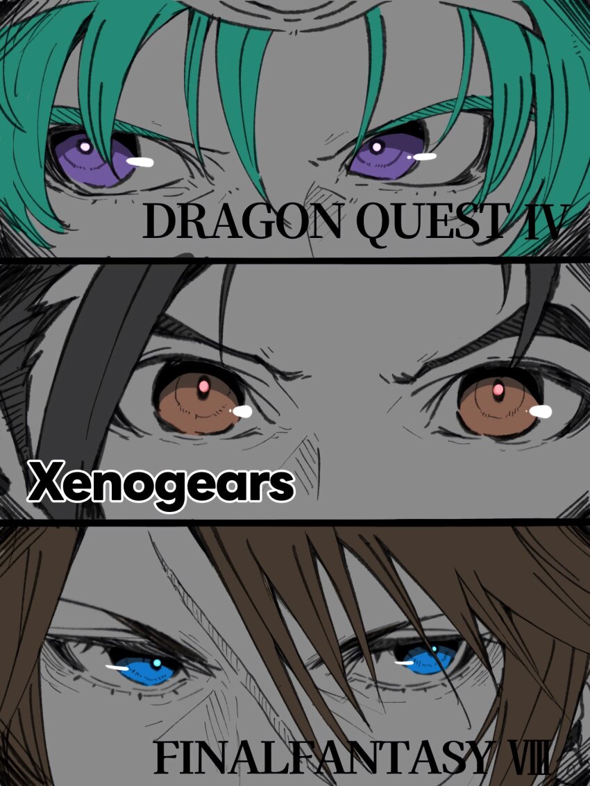 3boys blue_eyes brown_eyes brown_hair circlet commentary_request crazy02oekaki dragon_quest dragon_quest_iv earrings english_text fei_fong_wong final_fantasy final_fantasy_viii green_hair hero_(dq4) highres jewelry looking_at_viewer looking_to_the_side male_focus multiple_boys purple_eyes scar scar_on_face squall_leonhart xenogears