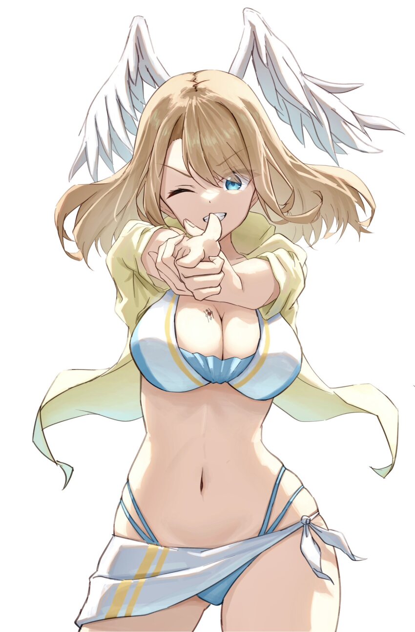 1girl bikini blue_eyes breast_tattoo breasts brown_hair cleavage eunie_(xenoblade) finger_gun grin head_wings highres jacket large_breasts long_hair looking_at_viewer navel okazu2010015 one_eye_closed open_clothes open_jacket sarong smile swimsuit tattoo white_background white_sarong wings xenoblade_chronicles_(series) xenoblade_chronicles_3