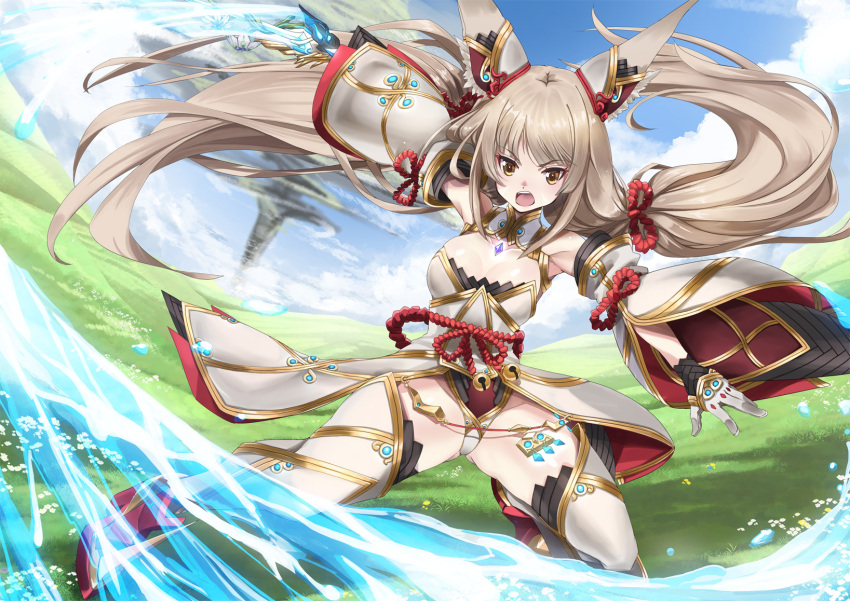 1girl animal_ears ayamo_kaoru breasts cat_ears catalyst_scimitar chest_jewel cleavage detached_sleeves facial_mark highleg highleg_leotard highres leotard long_hair low_twintails nia_(blade)_(xenoblade) nia_(xenoblade) small_breasts solo sword thighhighs twintails very_long_hair weapon xenoblade_chronicles_(series) xenoblade_chronicles_2 yellow_eyes