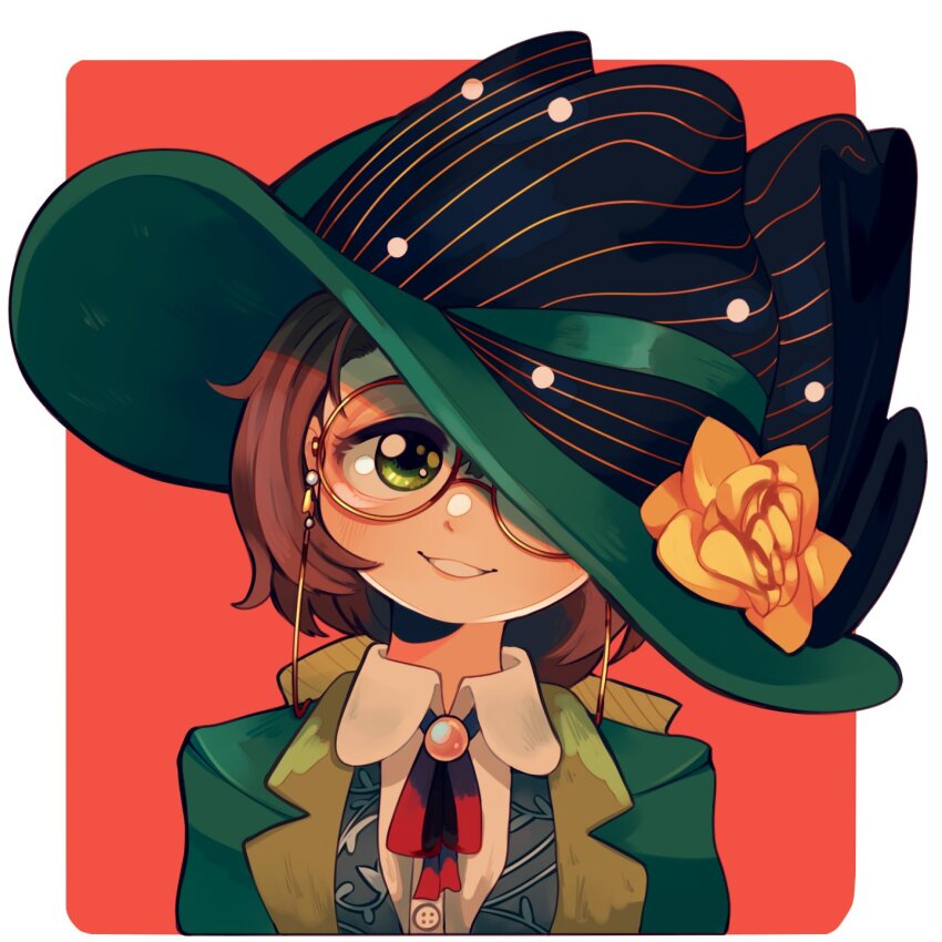 1girl border bow brown_hair clem_(calmeremerald) collared_shirt eyewear_strap flower glasses green_eyes green_hat green_jacket grin hair_bow hair_over_one_eye hat hat_flower highres jacket kakania_(reverse:1999) looking_at_viewer neck_ribbon one_eye_covered outside_border red_background red_ribbon reverse:1999 ribbon round_eyewear shirt smile solo straight-on teeth upper_body white_border white_shirt yellow_bow yellow_flower