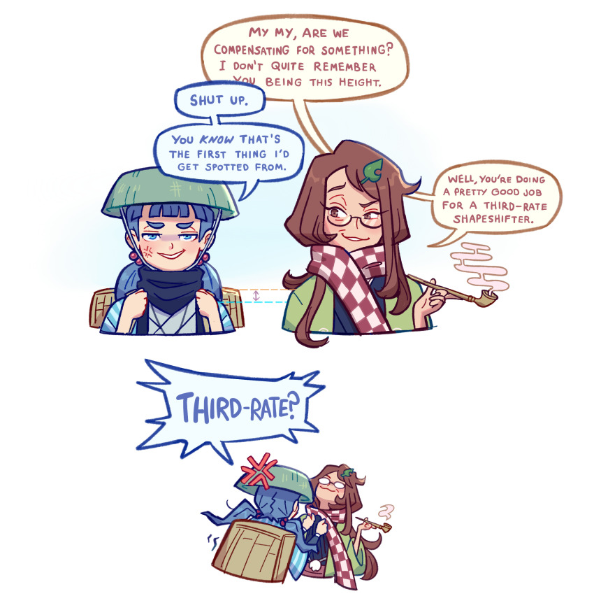 2girls :3 absurdres alternate_costume backpack bag black-framed_eyewear black_scarf blue_eyes blue_hair blue_shirt checkered_clothes checkered_scarf closed_mouth commentary english_commentary english_text futatsuiwa_mamizou futatsuiwa_mamizou_(human) glasses hair_bobbles hair_ornament highres kawashiro_nitori leaf_hair_ornament lily_pad lily_pad_on_head long_hair long_sleeves looking_at_viewer low_twintails mature_female multiple_girls open_mouth puffy_short_sleeves puffy_sleeves redinthesea scarf shirt short_sleeves simple_background smile standing touhou twintails two_side_up upper_body white_background