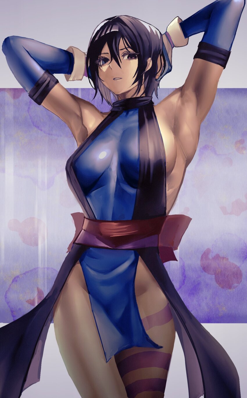 1girl armpits arms_behind_head artist_name black_hair blue_eyes breasts dated heterochromia highres japanese_clothes large_breasts legs leotard looking_at_viewer mature_female red_eyes rokuba samurai_spirits shiki_(samurai_spirits) short_hair sideboob snk solo sword thighs toned weapon