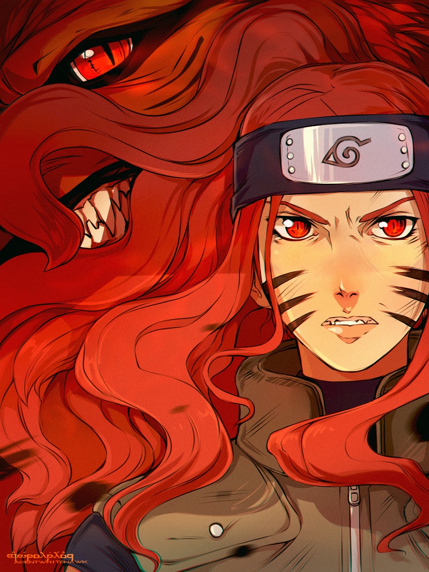 1boy 1girl agentwhitehawk angry facial_mark facing_viewer fangs flak_jacket forehead_protector glowing glowing_eyes headband highres jacket jinchuuriki kitsune konohagakure_symbol kunoichi kurama_(naruto) kyuubi_(naruto) long_hair looking_at_viewer mature_female monster naruto naruto_(series) naruto_shippuuden ninja parted_lips red_eyes red_hair sharp_teeth slit_pupils teeth upper_body uzumaki_kushina whiskers zipper