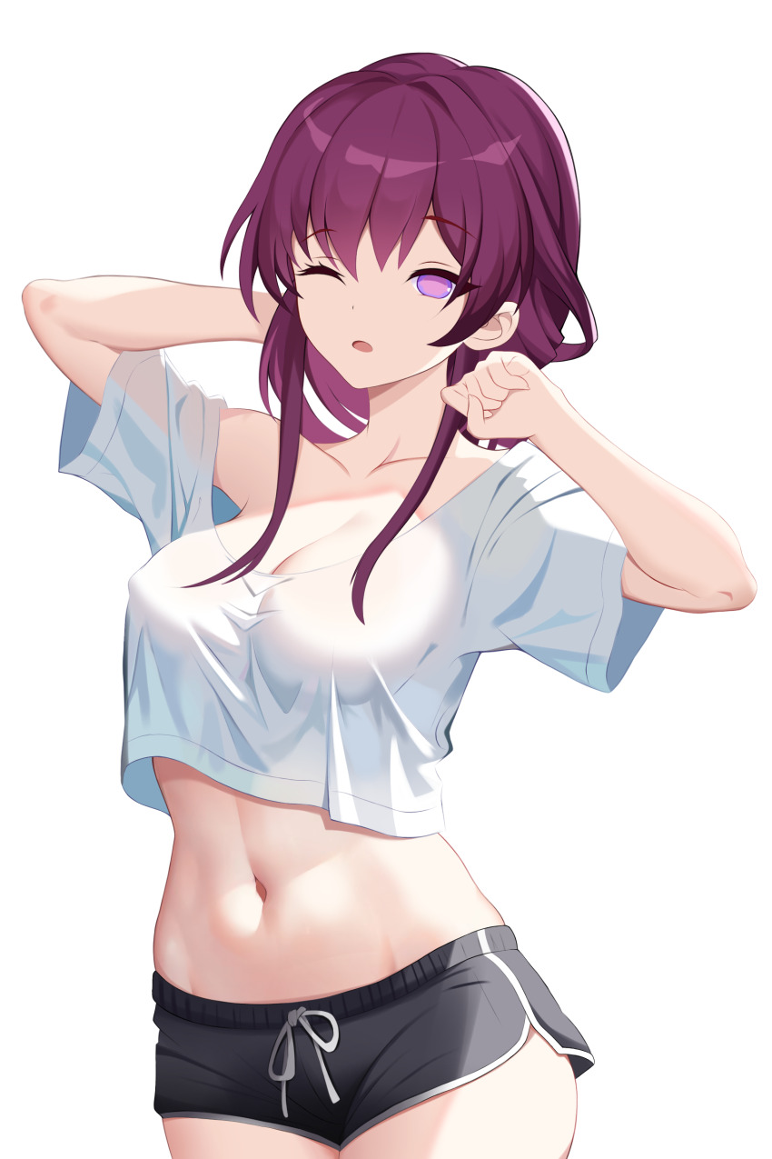 1girl absurdres arms_up black_shorts breasts cleavage collarbone commentary covered_erect_nipples cowboy_shot dolphin_shorts form_fitting hair_between_eyes highres honkai:_star_rail honkai_(series) honkai_impact_3rd kafka_(honkai:_star_rail) large_breasts medium_hair midriff navel one_eye_closed open_mouth penguin_uwu purple_eyes purple_hair see-through_clothes see-through_shirt shirt short_shorts short_sleeves shorts sidelocks simple_background solo standing stomach tight_clothes tight_shirt white_background white_shirt