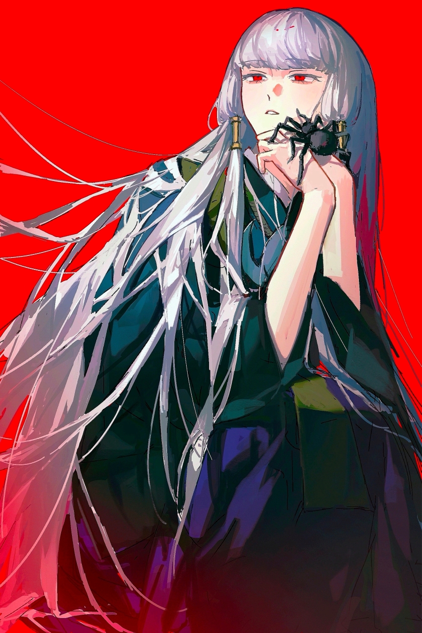 1girl absurdres animal animal_on_hand black_kimono blunt_bangs bug commentary grey_hair hands_up highres iuew japanese_clothes kimono long_hair parted_lips raging_loop red_background red_eyes sidelocks solo spider symbol-only_commentary uematsu_rikako upper_body very_long_hair