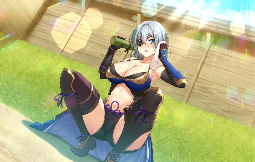 1girl absurdres bare_shoulders black_gloves blue_eyes boots breasts cleavage day elbow_gloves game_cg gloves hair_between_eyes highres large_breasts looking_at_viewer machiyuki_ricka moe!_ninja_girls moe!_ninja_girls_rpg navel official_art open_mouth panties short_hair solo squatting stomach thigh_boots thighhighs third-party_source underwear