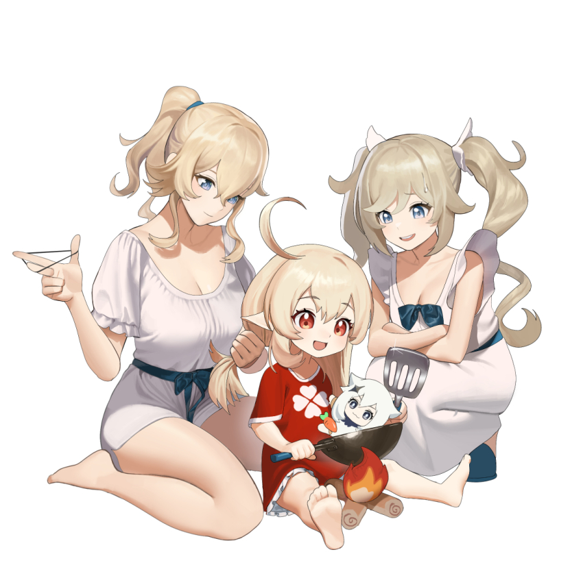 3girls :d ahoge alternate_costume barbara_(genshin_impact) bare_legs barefoot blonde_hair blue_bow blue_eyes blue_footwear bow breasts character_doll child clover_print collarbone crossed_arms dress dress_bow drill_hair frilled_sleeves frills frying_pan full_body furrowed_brow genshin_impact hair_between_eyes head_tilt holding holding_another&#039;s_hair holding_frying_pan holding_spatula jean_(genshin_impact) klee_(genshin_impact) l-rex large_breasts long_hair looking_at_another looking_at_object medium_breasts multiple_girls naked_shirt open_mouth paimon_(genshin_impact) pointy_ears ponytail raised_eyebrows red_eyes red_shirt shirt sidelocks simple_background sitting sleeveless sleeveless_dress slippers smile spatula squatting teeth twin_drills twintails tying_hair upper_teeth_only wariza white_background white_dress white_shirt