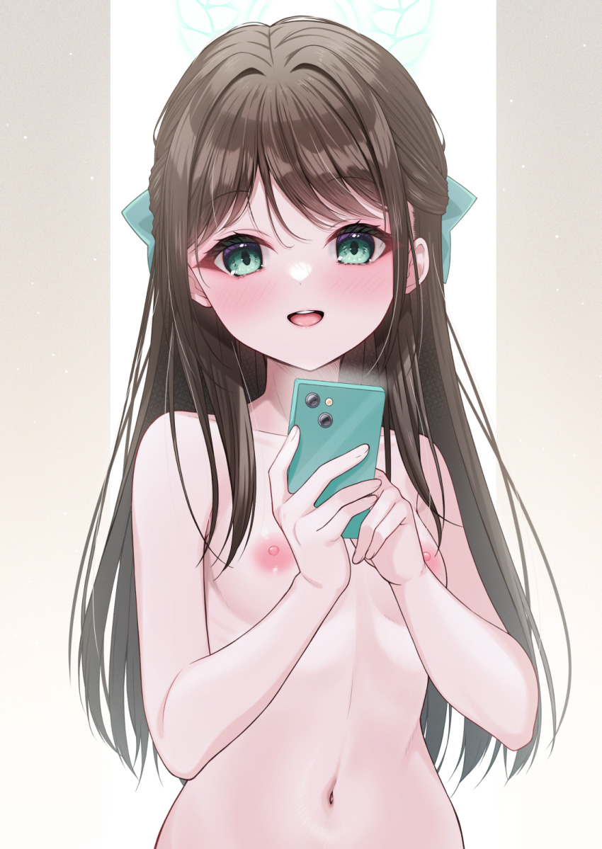 1girl :d airi_(blue_archive) blue_archive blush breasts brown_hair cellphone collarbone commentary_request completely_nude eyelashes fukemachi green_eyes green_halo hair_ornament half_updo halo happy highres holding holding_phone long_hair looking_at_viewer navel nipples nude open_mouth parted_bangs phone sidelocks simple_background small_breasts smartphone smile solo straight_hair tsurime upper_body