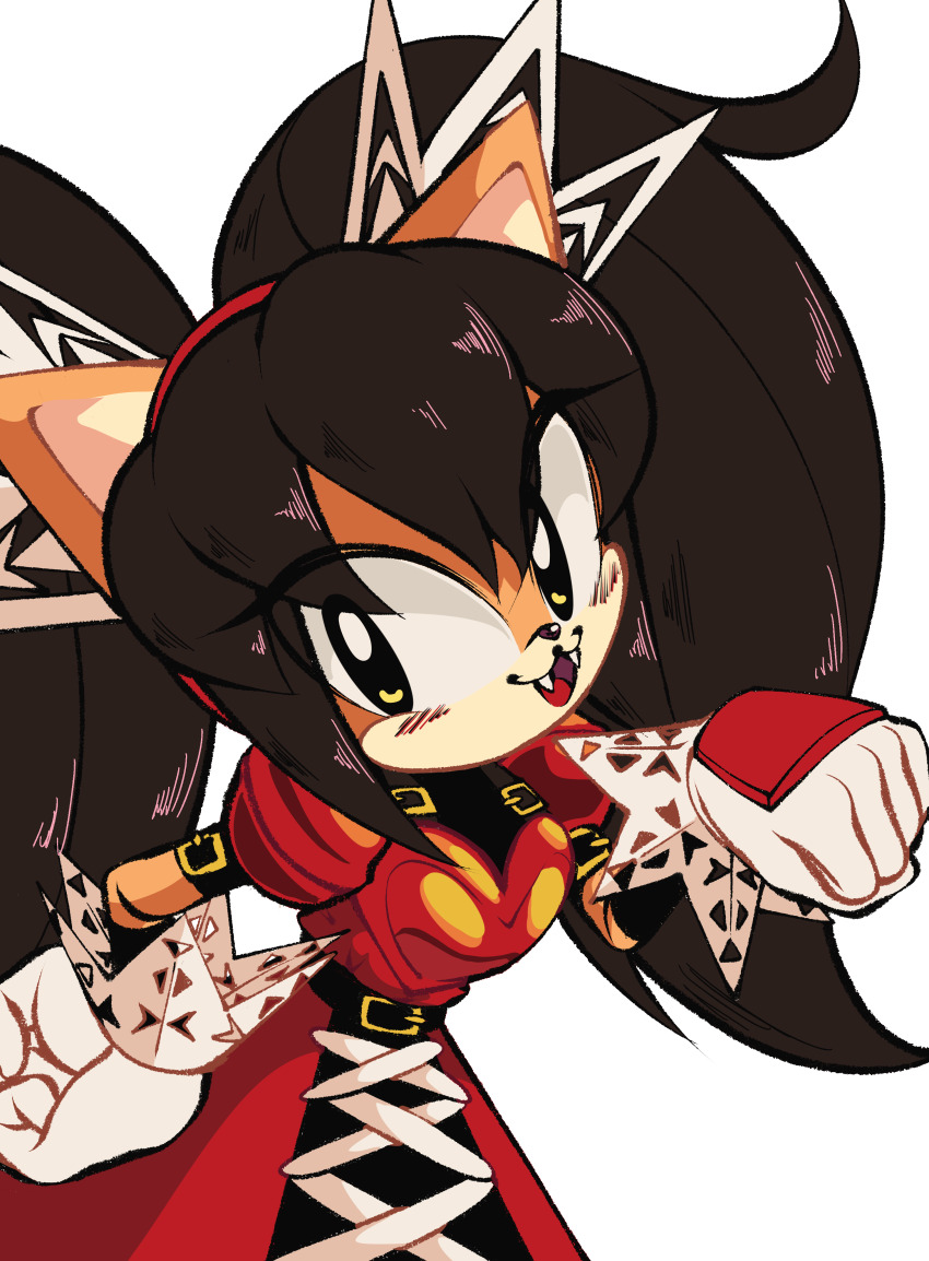 1girl :3 absurdres animal_ears armor belt black_hair blush cat_ears cat_girl clenched_hand cowboy_shot cross-laced_clothes cross-laced_dress dress fangs female_focus furry furry_female gloves hair_ornament hairband hand_on_own_hip hand_up happy head_tilt highres honey_the_cat leaning_forward long_hair looking_at_viewer nano_(nanolovesyou) open_mouth puffy_short_sleeves puffy_sleeves red_dress red_hairband short_sleeves sidelocks simple_background smile solo sonic_(series) sonic_the_fighters sonic_the_hedgehog_(classic) standing twintails white_background white_gloves yellow_eyes yellow_fur