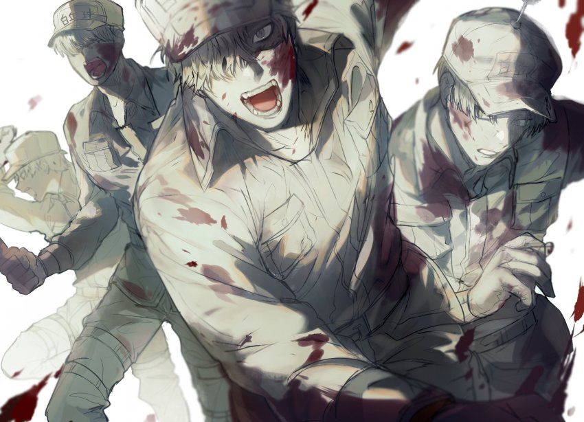 4boys asymmetrical_bangs belt blood blood_on_clothes blood_on_face blood_splatter collar collared_jacket gloves hair_over_one_eye hat hataraku_saibou hidden_eyes highres jacket long_sleeves looking_at_viewer male_focus mgmg_1012 multiple_boys open_mouth pants peaked_cap pocket running short_hair simple_background splatter teeth u-1146 u-2048 u-2626 u-4989 white_background white_gloves white_hair white_headwear white_jacket white_pants