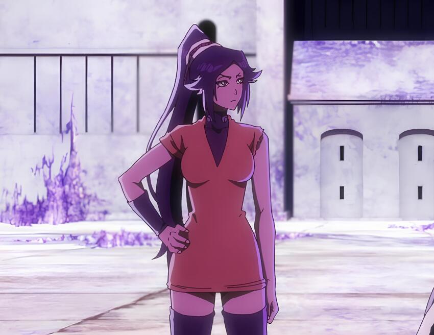 1girl anime_screenshot black_thighhighs bleach bleach:_sennen_kessen-hen breasts closed_mouth clothes dark-skinned_female dark_skin dress female_focus frown hand_on_own_hip hourglass ice large_breasts long_hair long_image looking_at_another looking_to_the_side medium_breasts ponytail purple_background purple_hair shihouin_yoruichi solo solo_focus standing studio_pierrot thighhighs v-shaped_eyebrows wide_image yellow_eyes