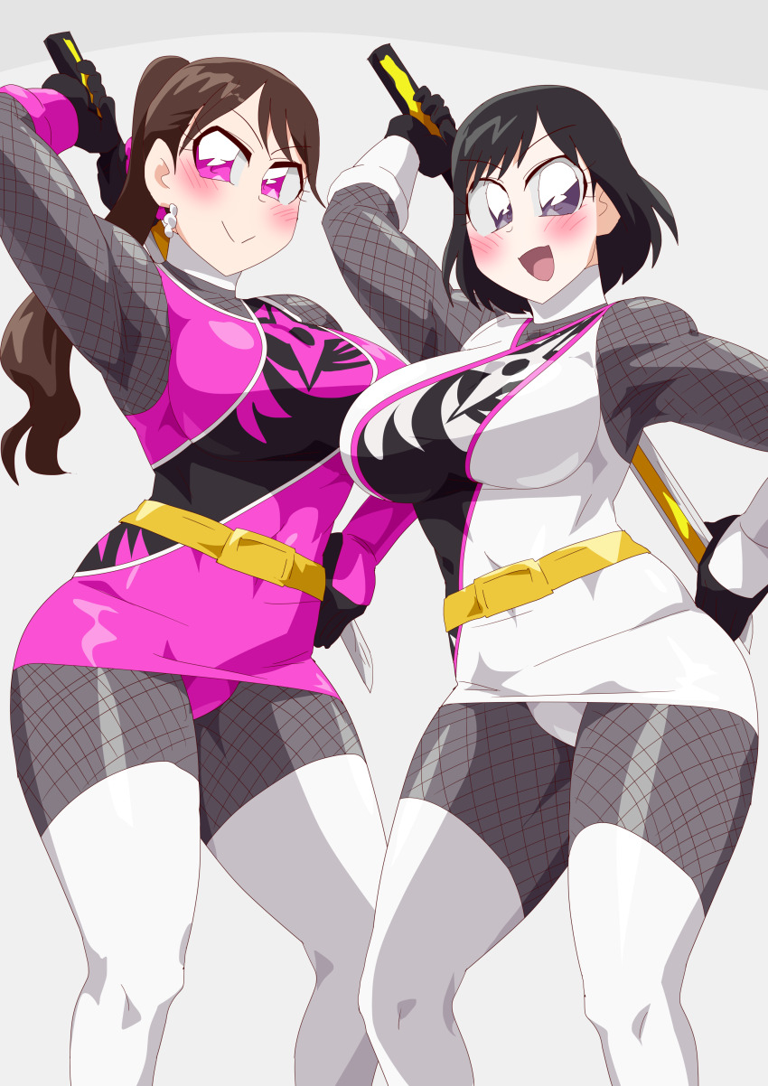 2girls black_hair bodysuit brown_hair igasaki_fuuka momochi_kasumi multiple_girls no_headwear otokamu pink_eyes purple_eyes shuriken_sentai_ninninger super_sentai