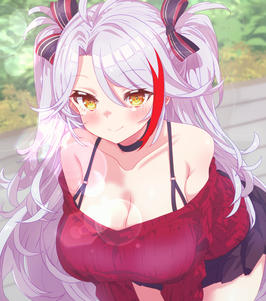 1girl alternate_costume arbiter1 azur_lane bare_shoulders black_choker black_skirt breasts choker cleavage highres large_breasts leaning_forward miniskirt multicolored_hair outdoors pleated_skirt prinz_eugen_(azur_lane) red_hair red_sweater skirt solo streaked_hair sweater two-tone_hair white_hair yellow_eyes