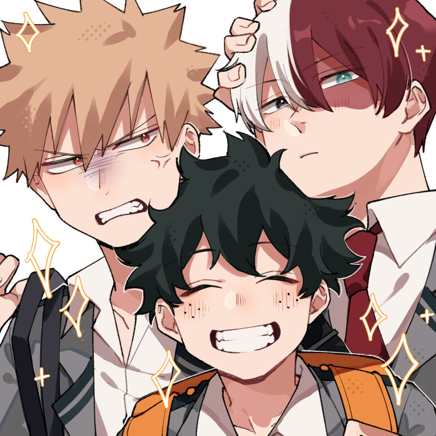 3boys ^_^ anger_vein annoyed backpack bag bakugou_katsuki blazer blonde_hair blush boku_no_hero_academia burn_scar closed_eyes closed_mouth collared_shirt commentary double-parted_bangs double_horizontal_stripe dress_shirt eyes_visible_through_hair facing_viewer freckles frown green_hair grey_jacket grin hair_between_eyes halftone hand_on_another&#039;s_head hands_up happy heterochromia highres jacket katochuu lapels long_bangs looking_at_another looking_at_viewer looking_to_the_side male_focus midoriya_izuku multicolored_hair multiple_boys necktie notched_lapels outline red_eyes red_hair red_necktie sanpaku scar scar_on_face school_uniform scowl shirt short_hair shoulder_strap side-by-side sideways_glance simple_background smile sparkle spiked_hair split-color_hair todoroki_shouto two-tone_hair u.a._school_uniform upper_body v-shaped_eyebrows white_background white_hair white_outline white_shirt yellow_bag