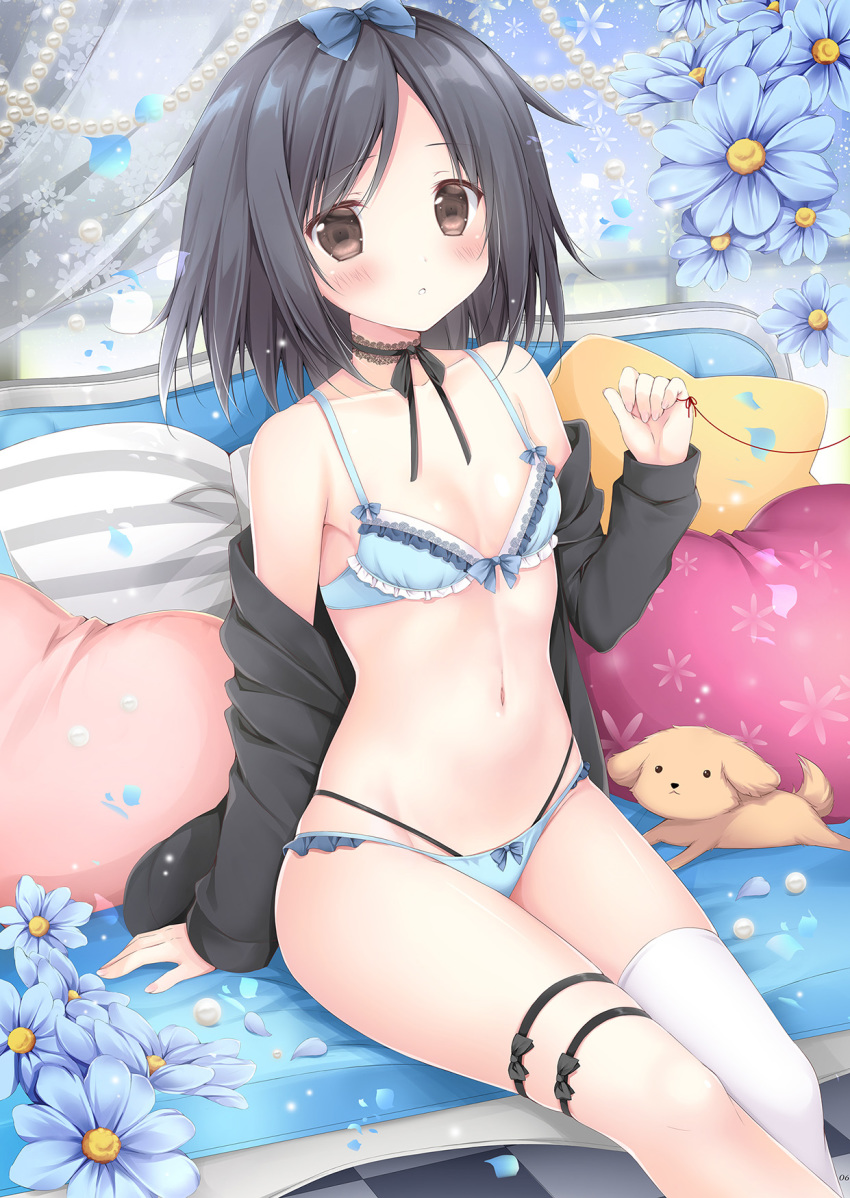 1girl black_hair blush breasts brown_eyes cleavage flower hair_ornament hair_ribbon highres jacket korie_riko looking_at_viewer medium_breasts navel original panties ribbon single_thighhigh solo thigh_strap thighhighs underwear