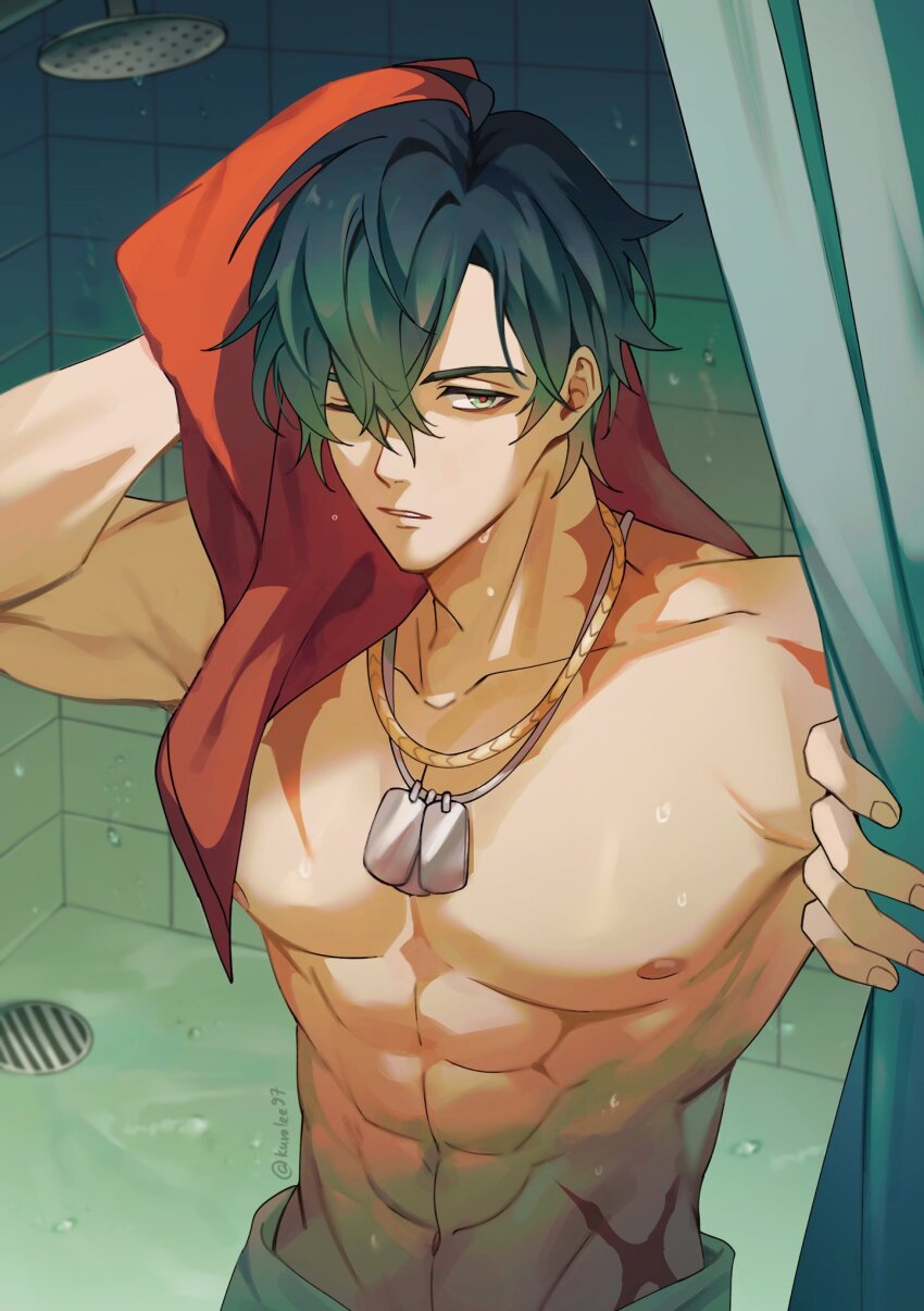 1boy abs ahoge arm_up artist_name blue_hair collarbone commentary crossed_bangs dog_tags drain_(object) english_commentary green_eyes hair_between_eyes highres holding holding_towel indoors jewelry kuro_lee lighter_(zenless_zone_zero) looking_at_viewer male_focus multiple_scars navel necklace nipples one_eye_closed parted_bangs parted_lips pectorals scar scar_on_chest scar_on_shoulder scar_on_stomach short_hair shower_(place) shower_curtain shower_head solo stomach tile_wall tiles topless_male towel towel_around_waist twitter_username upper_body wet zenless_zone_zero