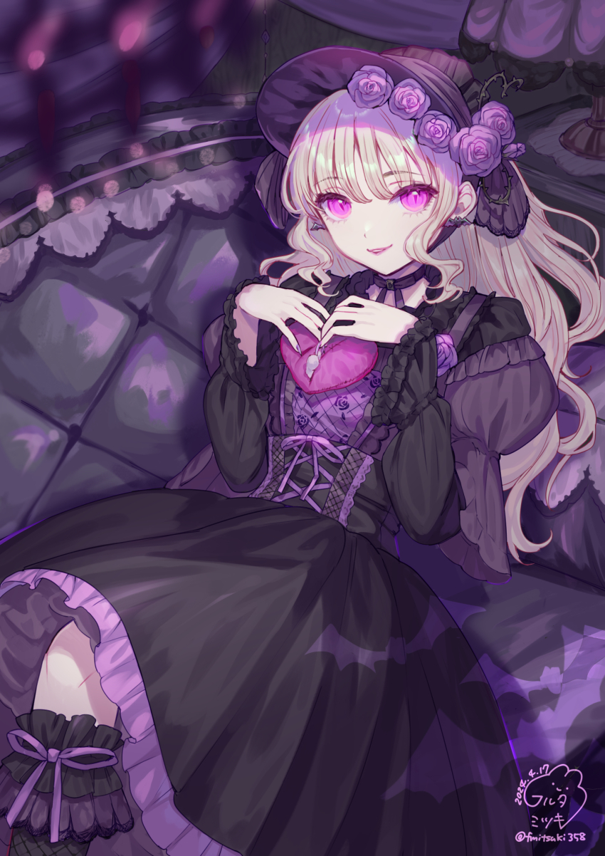 1girl artist_name bat_earrings black_dress black_hat blonde_hair blurry blurry_foreground commentary_request couch dated dress earrings flower gothic_lolita hair_flower hair_ornament hands_up hat highres indoors jewelry lamp lolita_fashion long_sleeves looking_at_viewer neck_ribbon original pale_skin partial_commentary puffy_long_sleeves puffy_sleeves purple_eyes purple_nails ribbon sangatsu_(mitsuki358) smile thorns