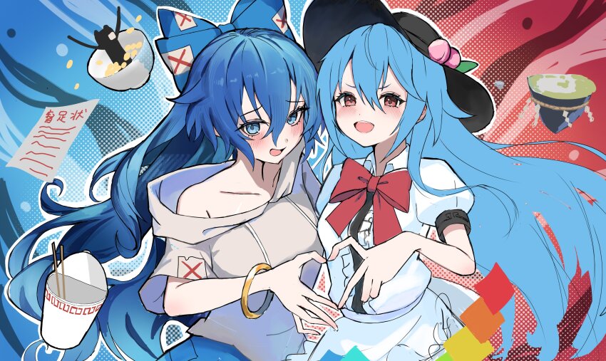 2girls absurdres black_hat blue_eyes blue_hair blush bow bowtie bracelet center_frills collarbone commentary_request cup_ramen debt frills grey_hoodie hat heart heart_hands heart_hands_duo highres hinanawi_tenshi hood hoodie jewelry kaminose_(user_veum4325) kaname-ishi long_hair looking_at_viewer multicolored_background multiple_girls open_mouth outline peach_hat_ornament red_bow red_bowtie red_eyes short_sleeves stuffed_animal stuffed_cat stuffed_toy touhou white_outline yorigami_shion