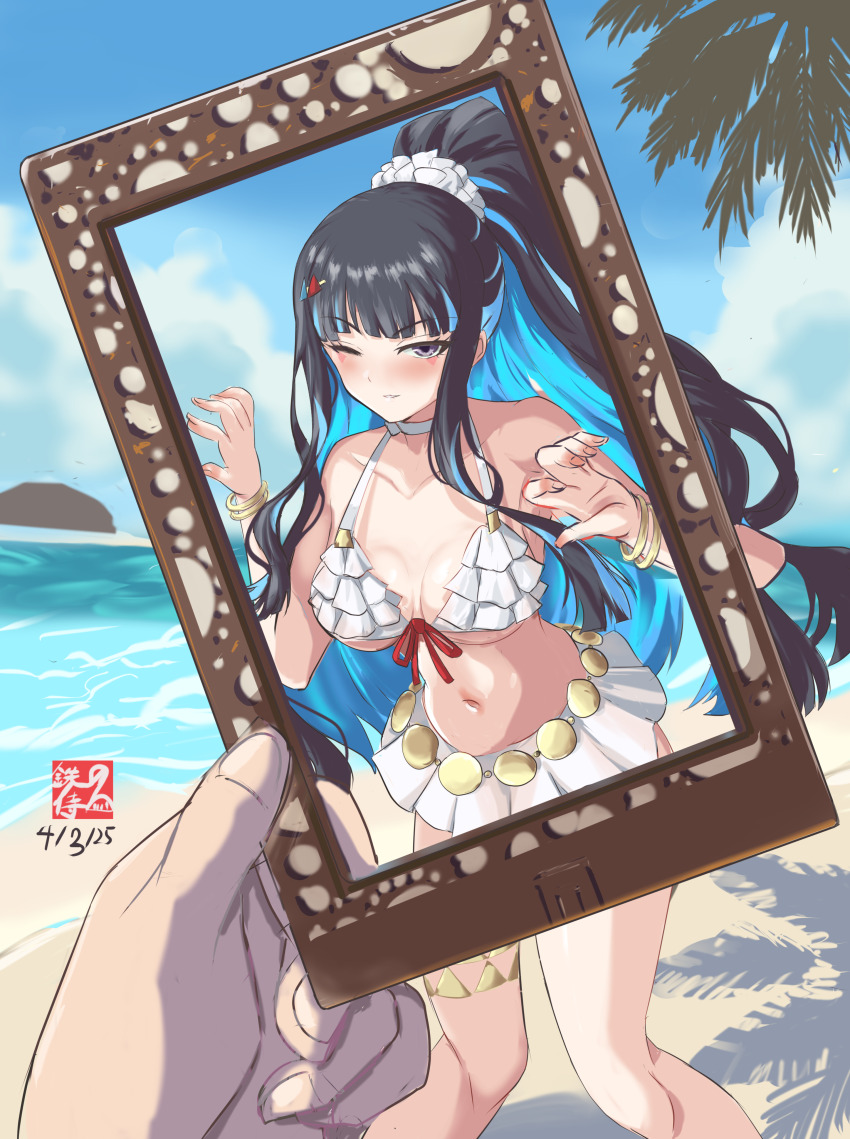 1girl absurdres beach bikini black_hair blue_hair blush breasts fate/grand_order fate_(series) frilled_bikini frills grey_eyes hands_up highres long_hair looking_at_viewer navel one_eye_closed picture_frame ponytail smile solo_focus swimsuit tenochtitlan_(fate) tenochtitlan_(swimsuit_mooncancer)_(fate) tenochtitlan_(swimsuit_mooncancer)_(first_ascension)_(fate) tetsu_no_samurai water white_bikini