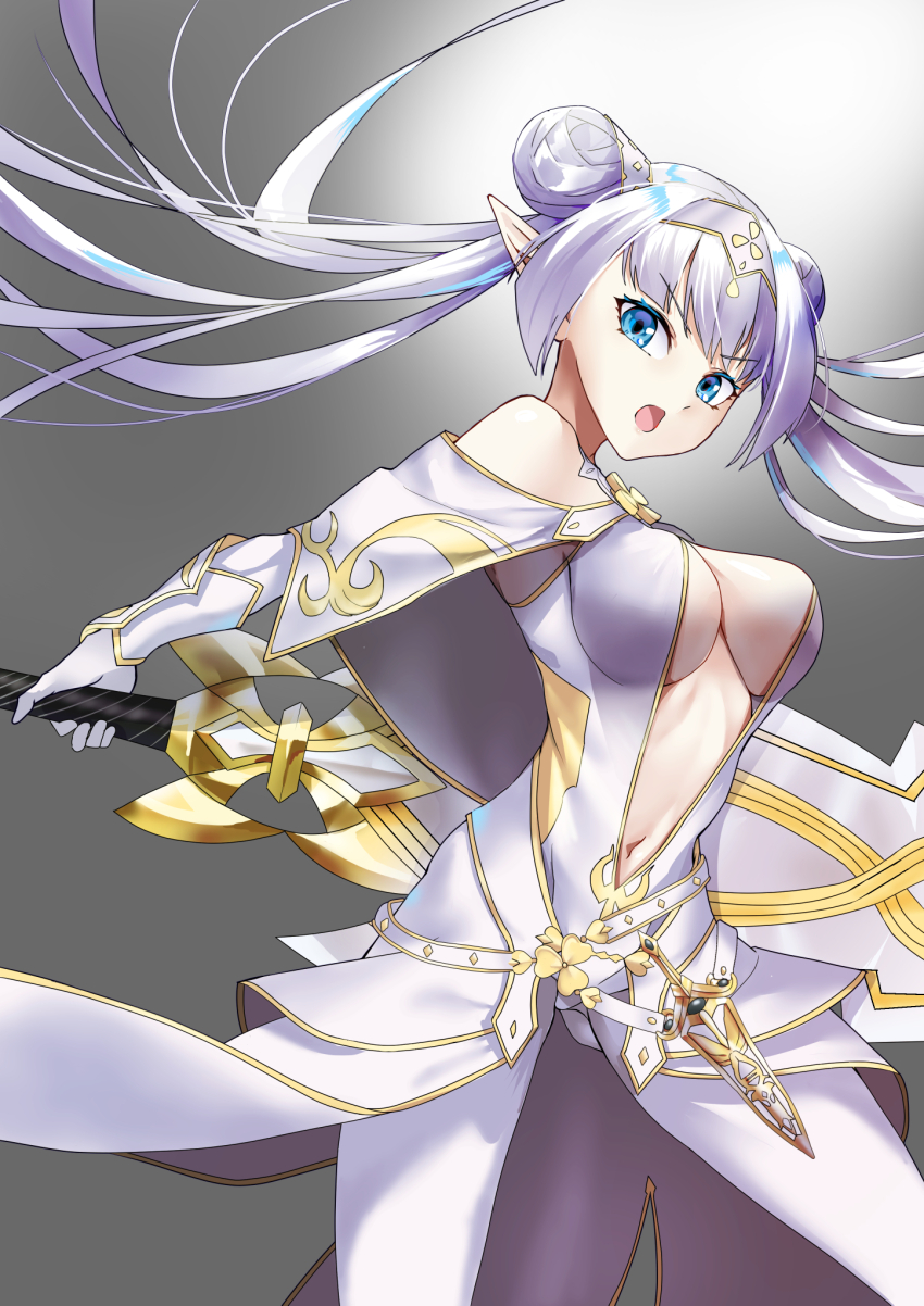 1girl arm_guards bare_shoulders blue_eyes breasts britomart_(fate) britomart_(second_ascension)_(fate) capelet center_opening cleavage dagger double_bun dress elbow_gloves fate/grand_order fate_(series) gloves gold_trim greatsword grey_hair hair_bun hairband highres knife large_breasts long_hair looking_at_viewer navel open_mouth outerrace_ik pants pointy_ears solo sword taut_clothes taut_dress thighs tight_clothes tight_pants twintails very_long_hair weapon white_capelet white_dress white_gloves white_pants